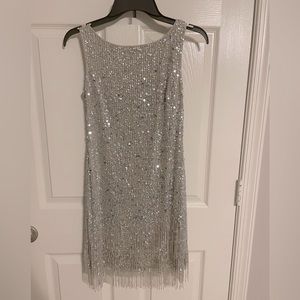 Silver sequin and fringe cocktail dress! Perfect for wedding reception.